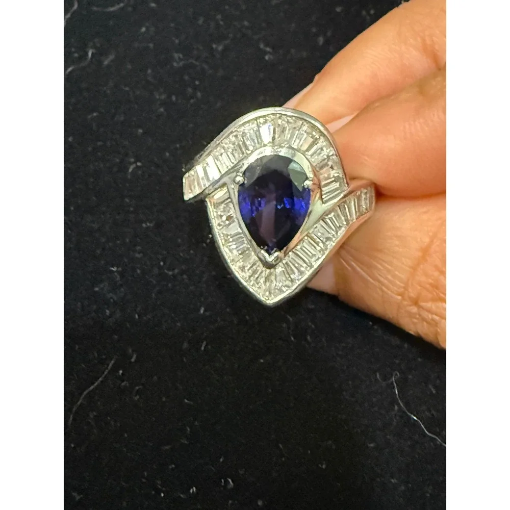 DQ CZ Sterling Silver 925 Blue Pear Sapphire Baguette Cubic Zirconia Bypass Ring